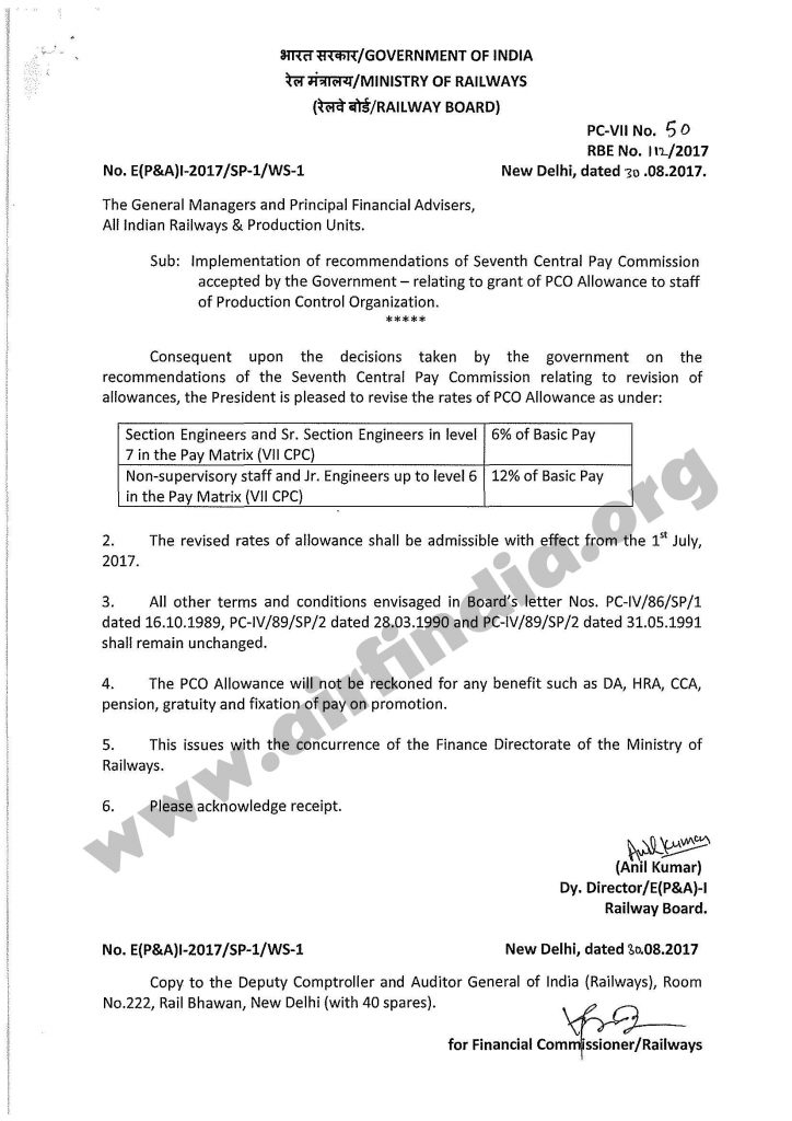 7th CPC PCO Allowance to staff of Production Control Organization ...